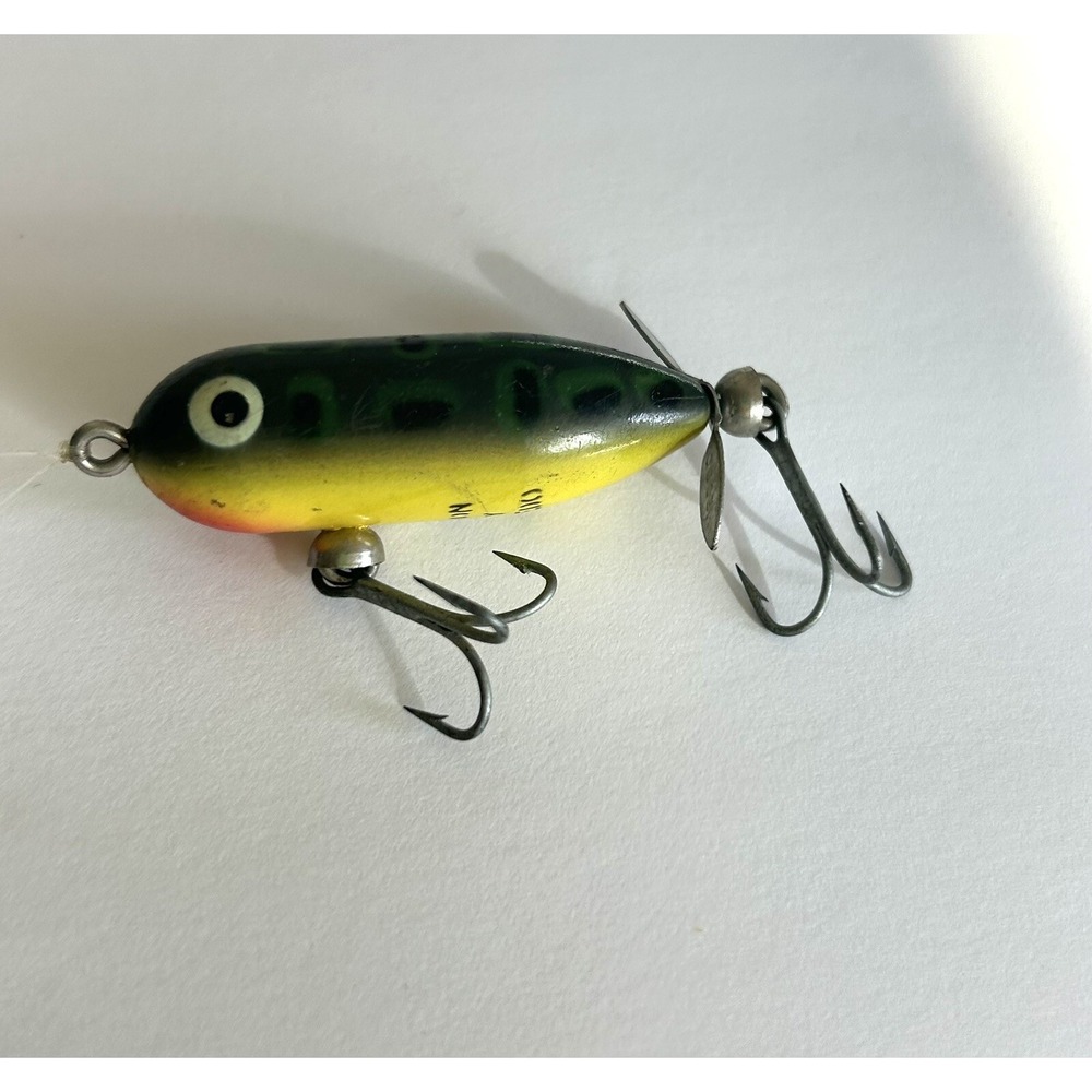 VINTAGE FISHING LURE HEDDON TINY TORPEDO FROG Green & Yellow - Picture 3 of 6